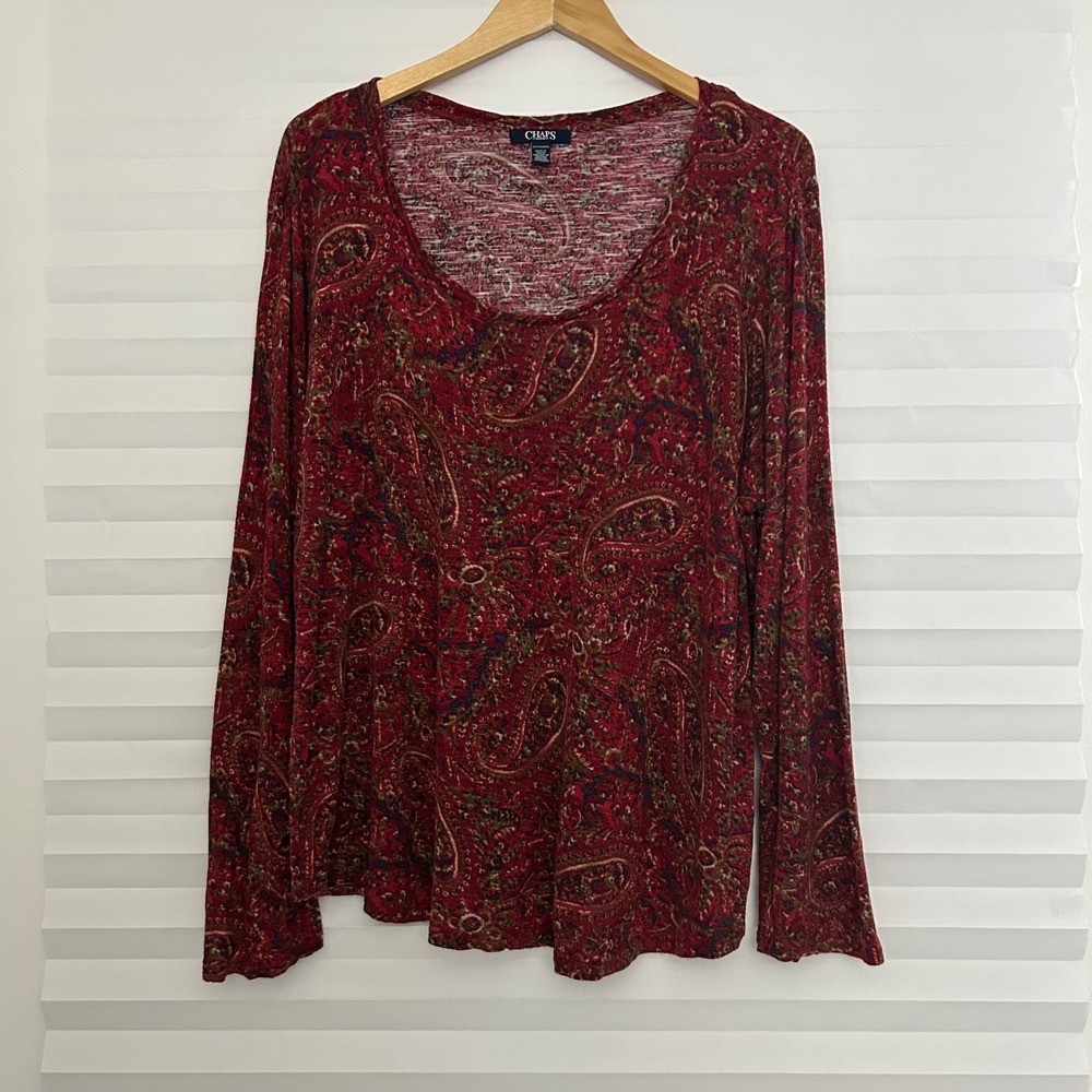 Chaps Denim Womens 3X Red Paisley Long Sleeve Viscose Scoop Neck Knit Top